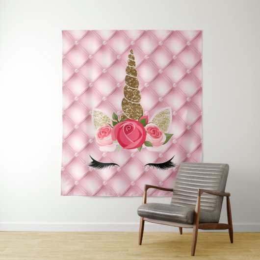 Gouden Glitters & Roze Rozen Eenhoorn Verjaardagsf Wandkleed (In situ)
