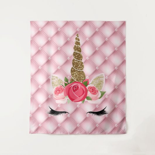 Gouden Glitters & Roze Rozen Eenhoorn Verjaardagsf Wandkleed (Voorkant)