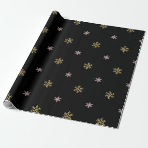 Gouden glitters & roze sneeuwvlokken op zwarte Ker Cadeaupapier