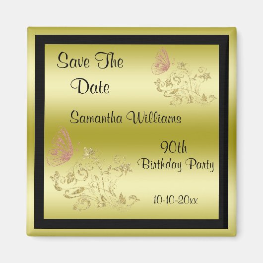 Gouden Glitters & Sparkly Butterfly 90ste verjaard Magneet (Voorkant)