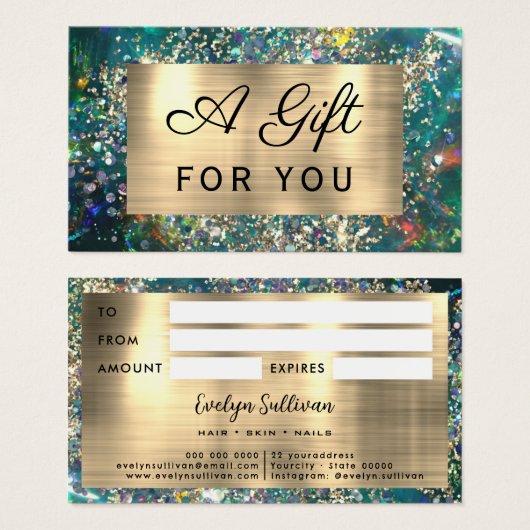 Gouden glitters turkoois opaal cadeaukaart visitekaartje (Voorkant /achterkant)