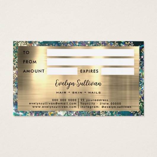 Gouden glitters turkoois opaal cadeaukaart visitekaartje (Achterkant)