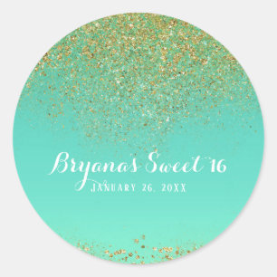 Gouden Glitters & Turquoise Aqua Glam Verjaardagsf Ronde Sticker