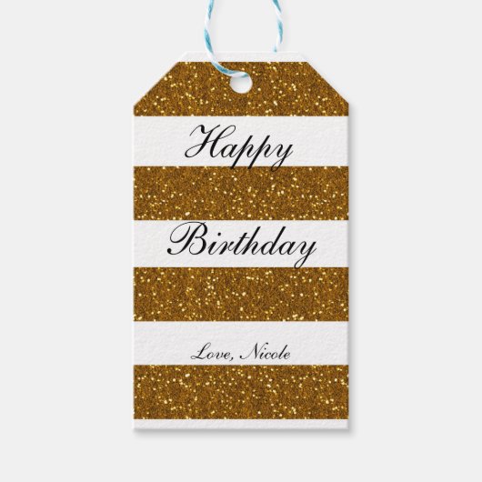 Gouden Glitters & Witte Strepen Chic Feest Cadeaub Cadeaulabel (Voorkant)