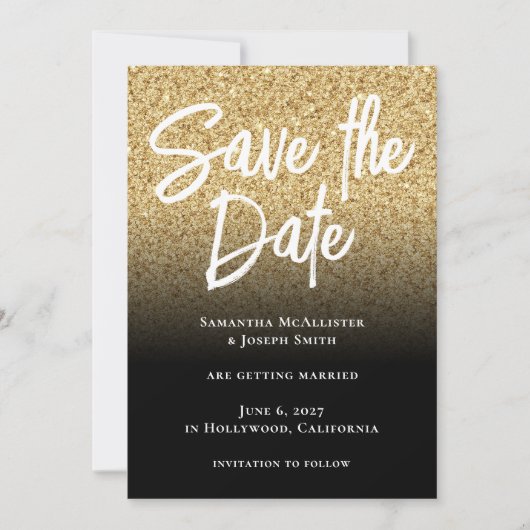 Gouden Glitters Zwarte Ombre Save The Date (Voorkant)