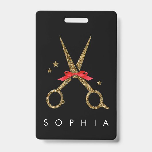 Gouden glitterschaar - Kapsalon NAME Badge (Voorzijde)