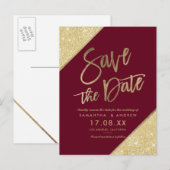 Gouden glitterscript marsala rode bewaar de datum aankondigingskaart (Voorkant / Achterkant)