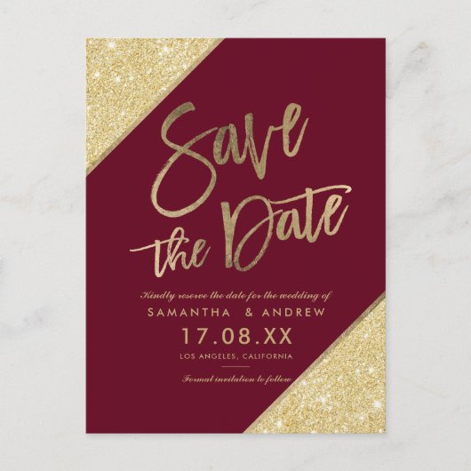 Gouden glitterscript marsala rode bewaar de datum aankondigingskaart (Voorkant)