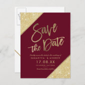 Gouden glitterscript marsala rood save the date aankondigingskaart (Voorkant / Achterkant)