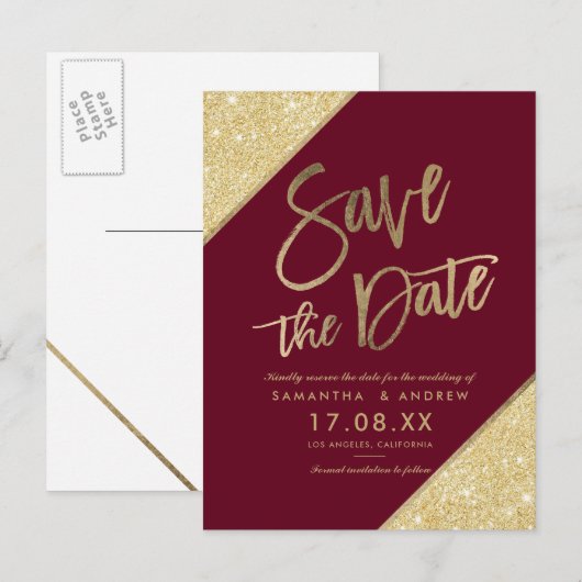 Gouden glitterscript marsala rood save the date aankondigingskaart (Voorkant / Achterkant)
