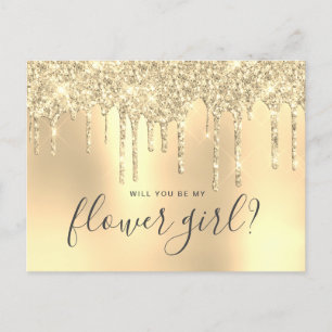 Gouden glittersdruppels, word je mijn bloemenmeisj uitnodiging briefkaart