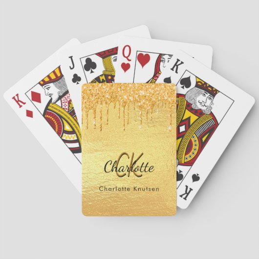 Gouden glitterslijpsels monogram glans elegant pokerkaarten (Achterkant)