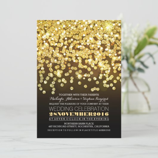 gouden glittersnoer lichten glamour bruiloft uitno kaart (Staand voorkant)
