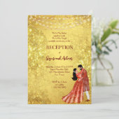 Gouden glitterspaander dansend paar receptie kaart (Staand voorkant)