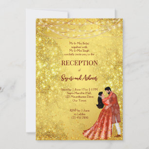 Gouden glitterspaander dansend paar receptie kaart
