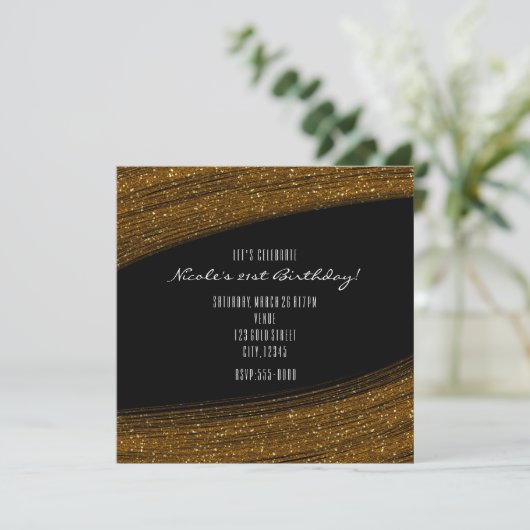 Gouden glittersparkels & zwarte feestelijke uitnod kaart (Staand voorkant)