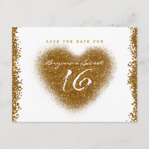 Gouden Glitterspuitvlek Sweet 16 Hart Save The Dat Aankondigingskaart