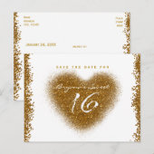 Gouden Glitterspuitvlek Sweet 16 Hart Save The Dat Aankondigingskaart (Voorkant / Achterkant)