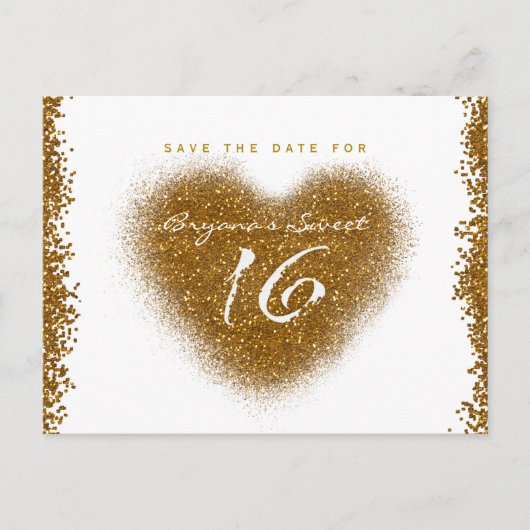 Gouden Glitterspuitvlek Sweet 16 Hart Save The Dat Aankondigingskaart (Voorkant)