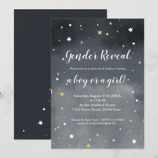 Gouden glittersterren waterverf gender reveal kaart (Voorkant / Achterkant)