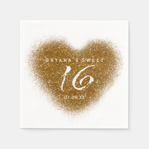 Gouden glitterstrooi Sweet 16-hartfeestservetten Servetten