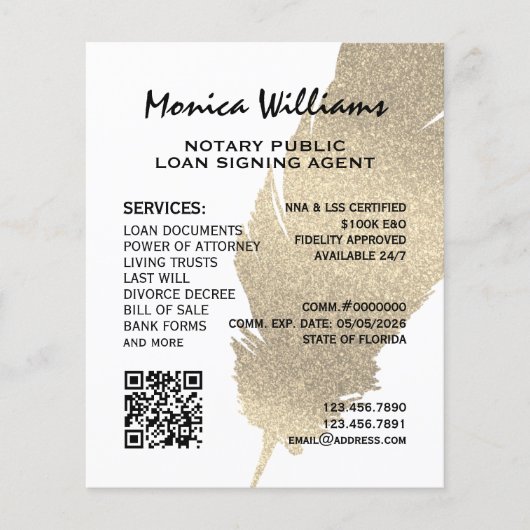 Gouden glitterveer Notaris Flyer (Voorkant)