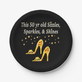 GOUDEN GLITTERY 50E VERJAARDAG SCHOEN KONINGIN PAPIEREN BORDJE