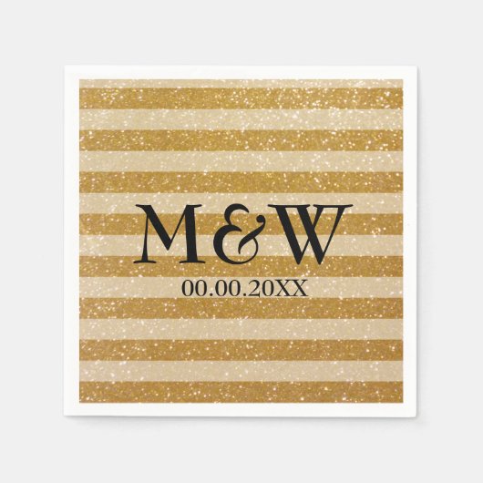 Gouden glittery gestreepte monogram bruiloft serve servet (Voorkant)