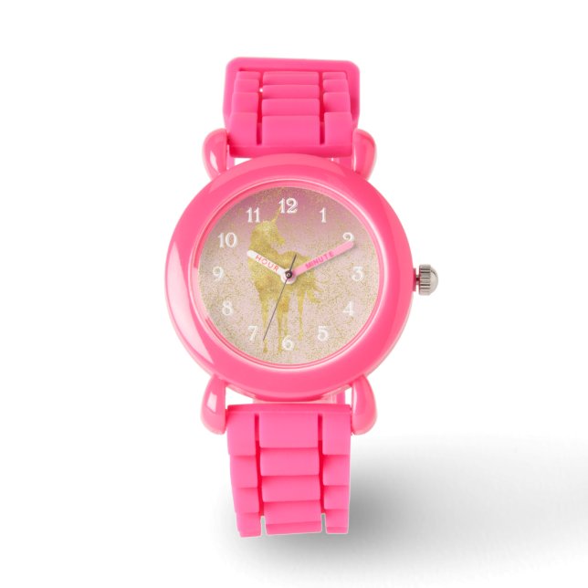 Gouden Glitz Roze Ombre Eenhoorn Horloge (Voorkant)