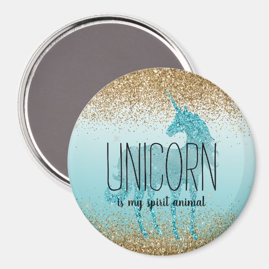 Gouden Glitzy Aqua Turquoise Glitter Eenhoorn Quot Magneet (Voorkant / Achterkant)