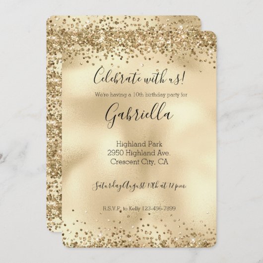 Gouden Glitzy Glitter Glans Confetti Uitnodiging (Voorkant / Achterkant)