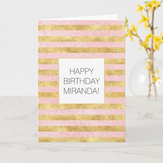 Gouden Glitzy  Roze Strepen Kaart (Gele Bloem)