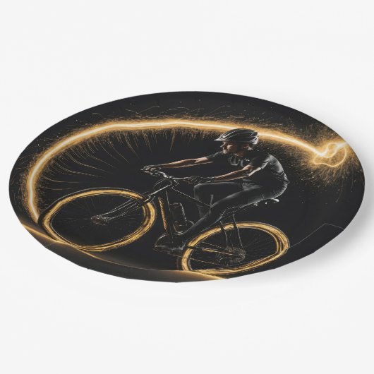 Gouden gloed neon fiets met lichte paden papieren bordje (Gekanteld)