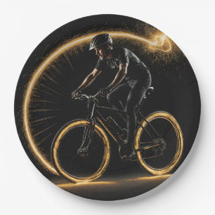 Gouden gloed neon fiets met lichte paden papieren bordje