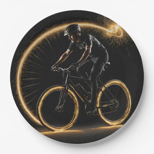 Gouden gloed neon fiets met lichte paden papieren bordje (Voorkant)