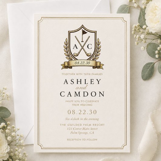 Gouden Golf Crest Monogram Huwelijk Kaart