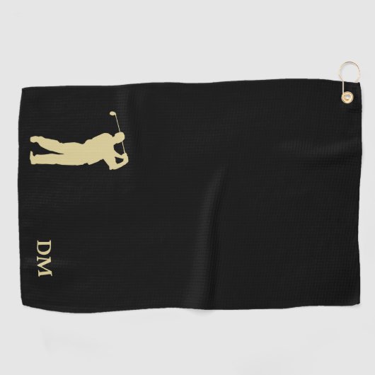 Gouden Golfer Monogram op zwart Golfhanddoek (Horizontaal)
