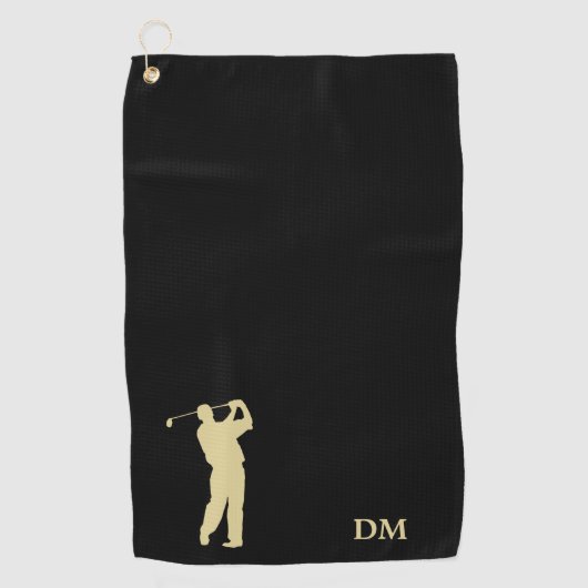 Gouden Golfer Monogram op zwart Golfhanddoek (Voorkant)