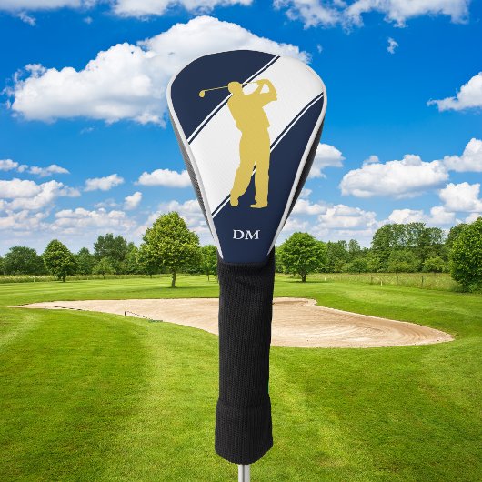 Gouden Golfer op Blauw Wit Monogram Golfheadcover