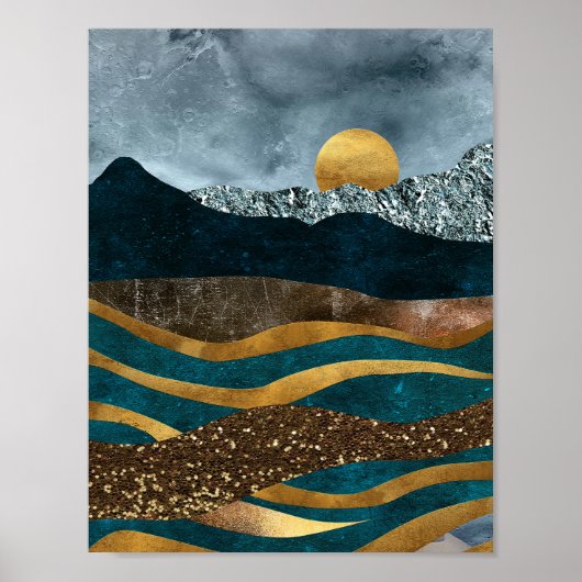 Gouden golven onder maanverlichte bergen poster (Voorkant)
