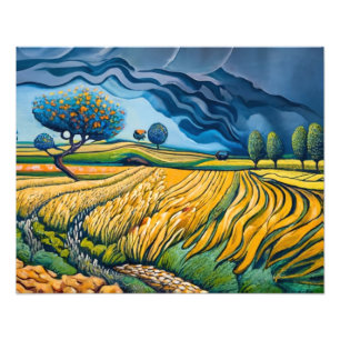 Gouden golven onder stormachtige hemel foto afdruk