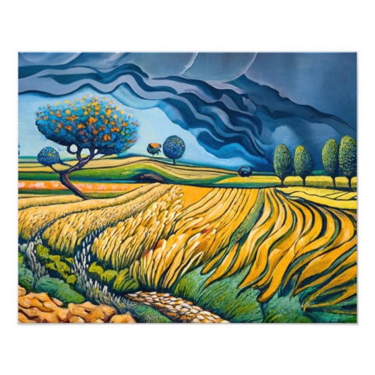 Gouden golven onder stormachtige hemel foto afdruk (Voorkant)