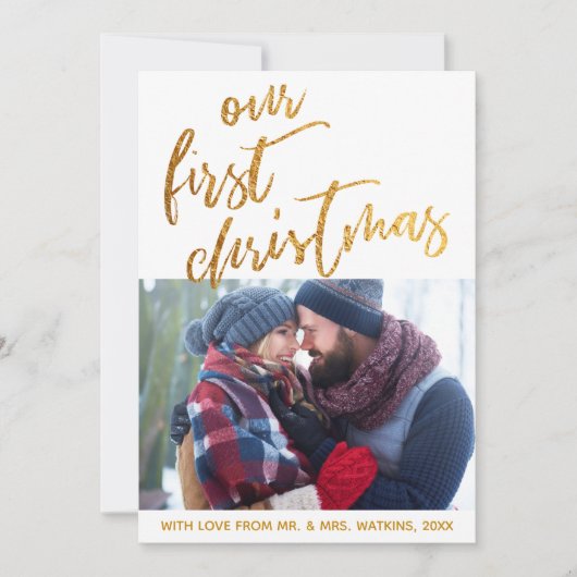 Gouden golven op wit Onze eerste kerst, foto Feestdagenkaart (Voorkant)