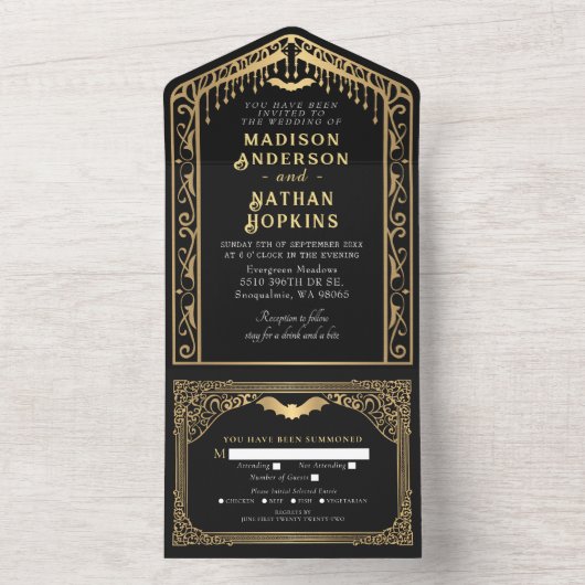 Gouden Gotische Vampier Kathedraal bruiloft All In One Uitnodiging (Binnen)