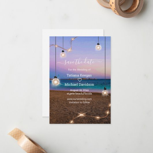 gouden gouden lampen strandbruiloft redden datum notitiekaartje (Voorkant / Achterkant in situ)