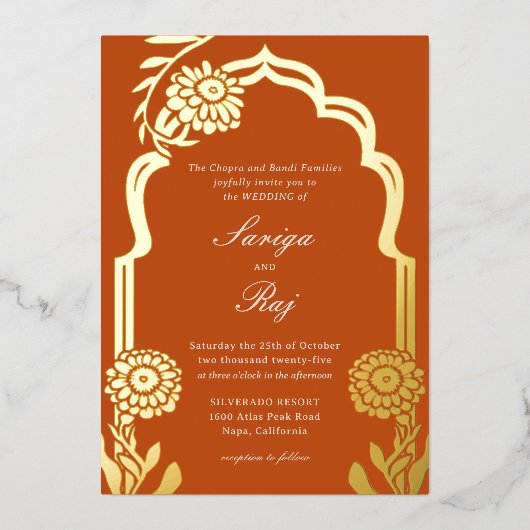 Gouden goudsbloem indiaanse bruiloft uitnodiging (Voorkant)