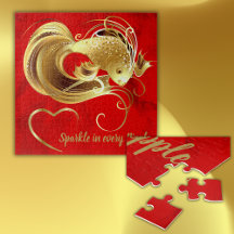 Gouden goudvis op rode folie monogram |