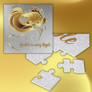 Gouden goudvis op zilveren folie monogram   legpuzzel