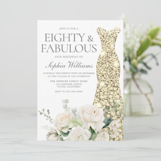 Gouden Gown Witte Bloemen Elegante 80ste Verjaarda Kaart (Staand voorkant)