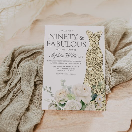 Gouden Gown Witte Bloemen Elegante 90ste Verjaarda Kaart
